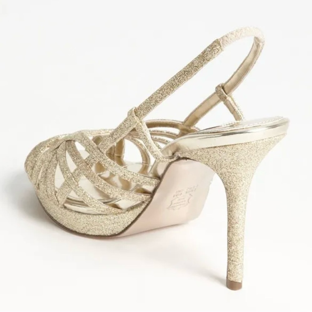 Nina Fonda Gold Glitter Strappy Platform Heels | Size 6 Slingback Dress Shoes - Picture 2 of 11